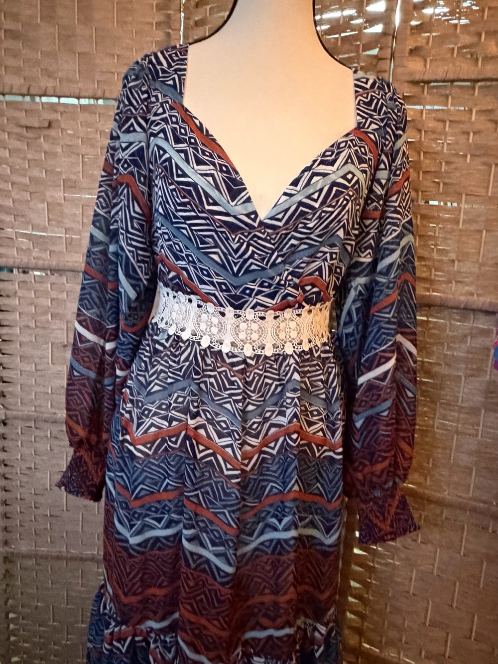 VENUS Printed Long Sleeve V-Neck Maxi Dress in Navy, Light Blue & Rust
